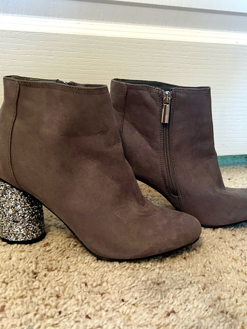 Women’s Gray Suede Ankle Boots with Glitter Block Heel